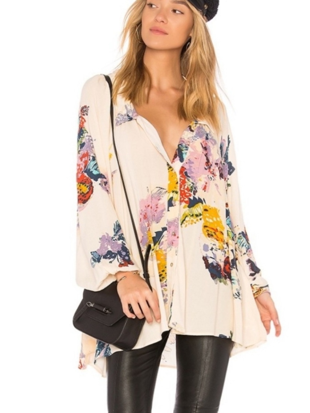 Free People Meadow Lark Tunic shirt blouse button front oversized floral